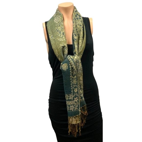 F.C Womens Vintage Scarf/Shawl Green with Gold Detailing Floral pattern Fringe S - Picture 3 of 8